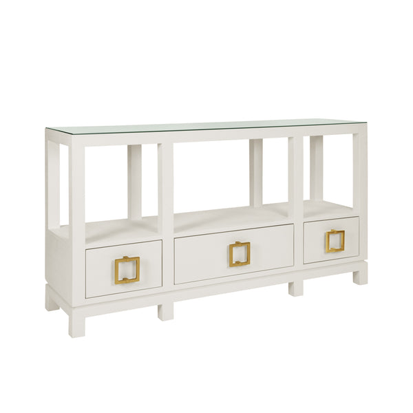 OPEN SHELF CONSOLE WITH THREE BOTTOM DRAWERS AND SQUARE SATIN BRASS HARDWARE IN WHITE TEXTURED LINEN