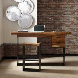 Iron Frame Standing Desk with Drawers, Chamcha Wood, Natural, Bar Height 