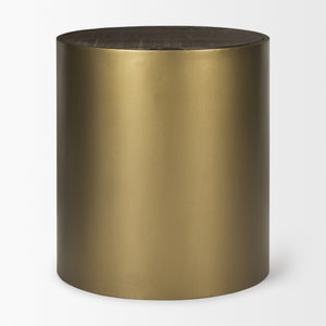 Eclipse Gold Metal Drum Base w/ Dark Brown Wood Top End/Side Table
