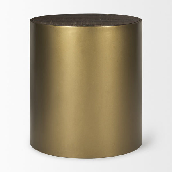 Eclipse Gold Metal Drum Base w/ Dark Brown Wood Top End/Side Table