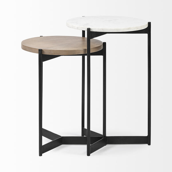 Larkin II Marble and Medium Brown Wood Round Tabletop Nesting End/Side Tables