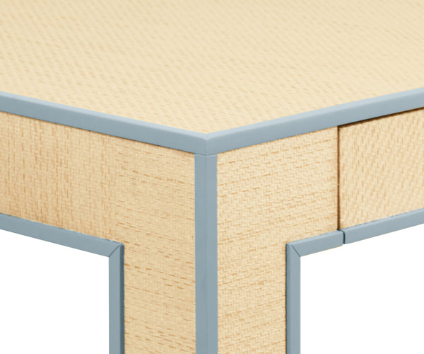 SQUARE TWO DRAWER GAME TABLE WITH MATTE LIGHT BLUE LACQUER EDGING AND INSET NATURAL GRASSCLOTH