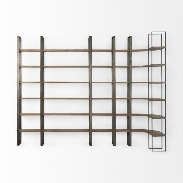 Taunton 80L x 10.5W x 90H Medium Brown Wood W/ Antique Nickel Metal Frame 6 Tier Shelving Unit
