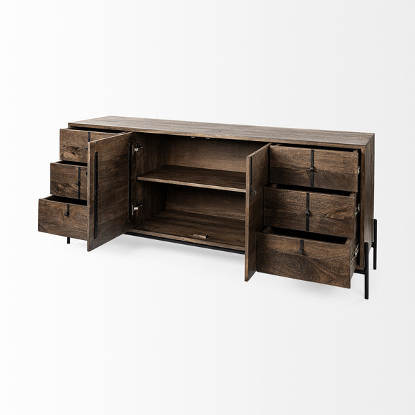Glenn VI 71.5x18 Dark Brown Wood Frame w/ Black Iron Accent, 6 Drawer, 2 Door Cabinet Sideboard