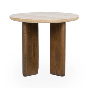Idella Travertine Round End Table with Mango Wood Legs - Tan