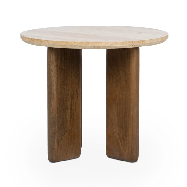 Idella Travertine Round End Table with Mango Wood Legs - Tan