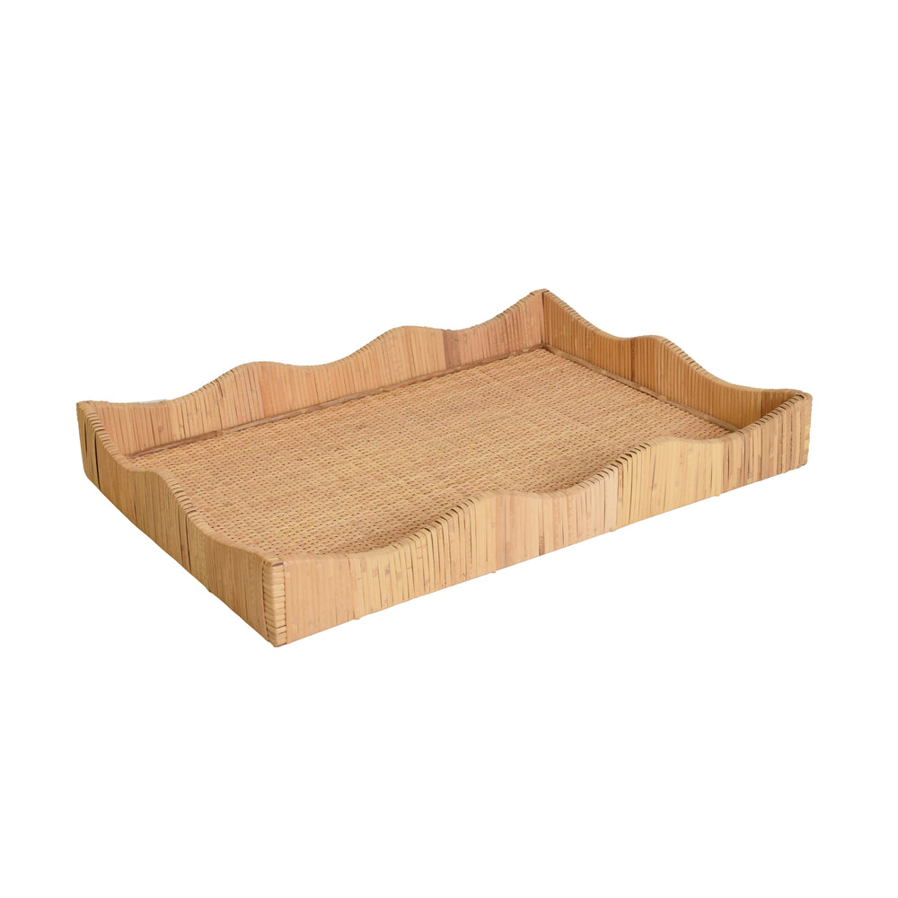 RECTANGULAR NATURAL RATTAN WRAPPED TRAY WITH WAVE SHAPED EDGE