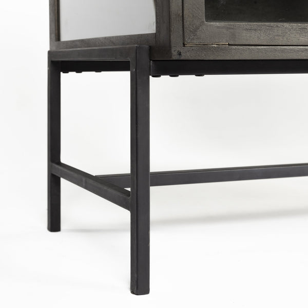 Arelius  36L x 18W Black-Brown Wood, Black Metal Base w/ 2 Glass Doors Accent Cabinet