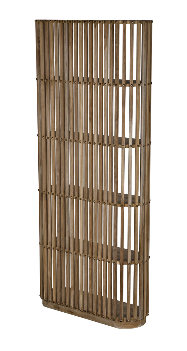 Opal Teak & Veneer Bookcase with Brass Nailhead Accents in Natural Finish