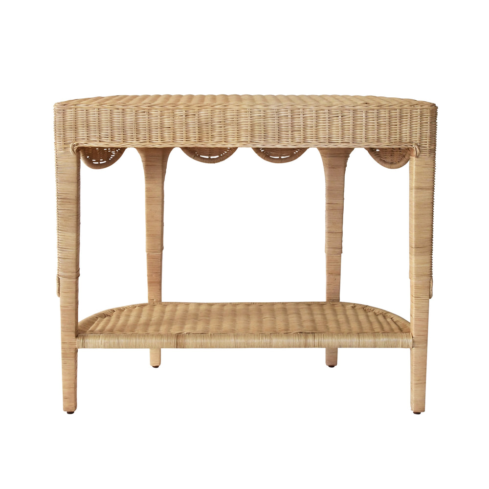 SCALLOPED TOP DEMI LUNE CONSOLE IN WOVEN RATTAN WITH OPEN SHELF