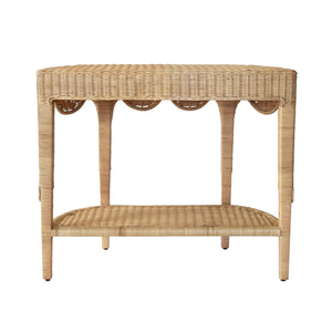 SCALLOPED TOP DEMI LUNE CONSOLE IN WOVEN RATTAN WITH OPEN SHELF