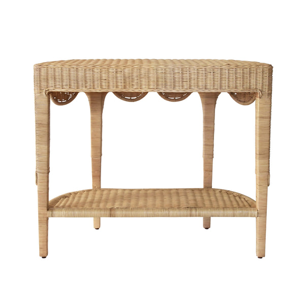 SCALLOPED TOP DEMI LUNE CONSOLE IN WOVEN RATTAN WITH OPEN SHELF
