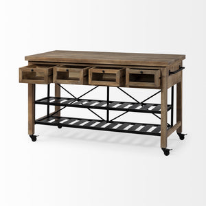 Stuart I Brown Solid Wood Top Two-Tier Black Metal Rolling Kitchen Island