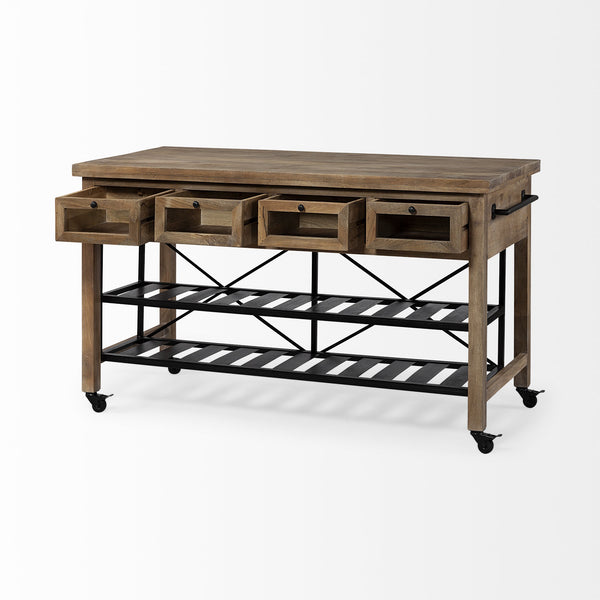 Stuart I Brown Solid Wood Top Two-Tier Black Metal Rolling Kitchen Island
