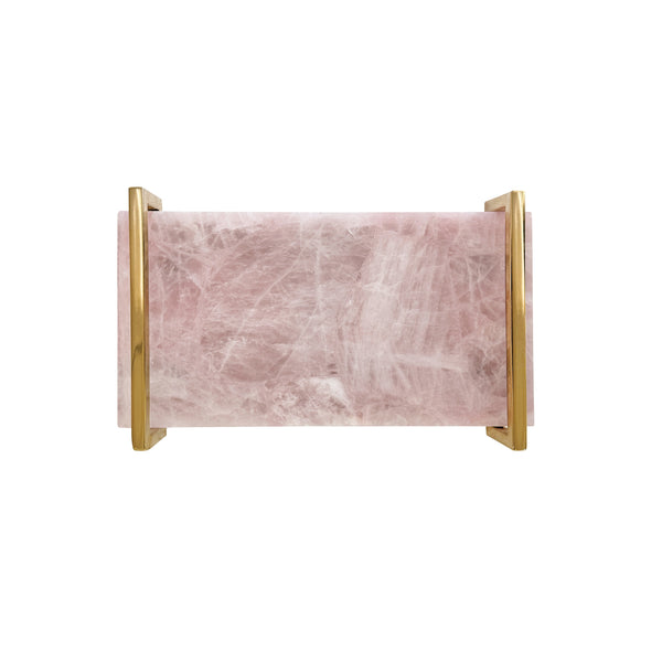 PINK QUARTZ TRAY WITH BRASS HANDLES