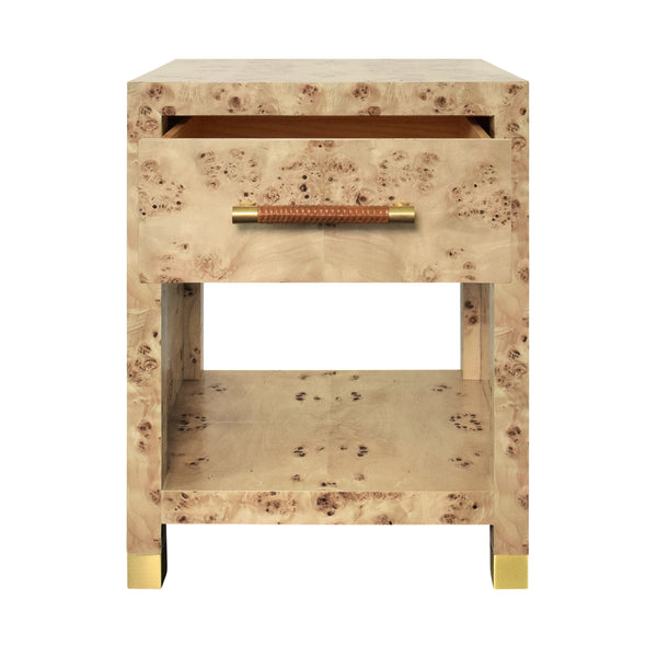 ONE DRAWER SIDE TABLE WITH RATTAN WRAPPED HANDLE IN BURL WOOD