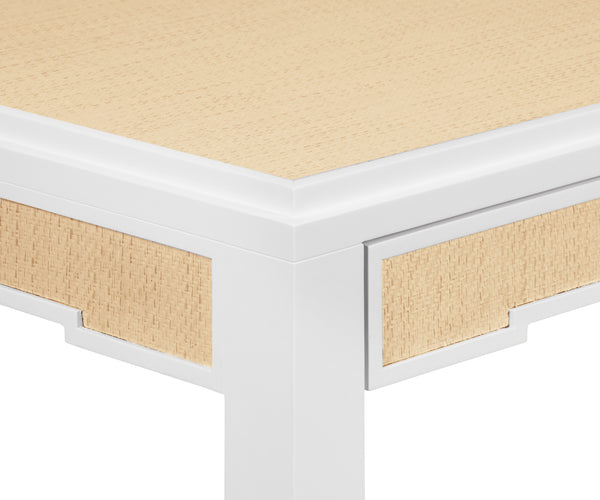 SQUARE TWO DRAWER GAME TABLE IN MATTE WHITE LACQUER FRAME AND INSET NATURAL GRASSCLOTH