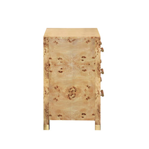 SIX DRAWER CHEST WITH RATTAN WRAPPED HANDLES IN BURL WOOD