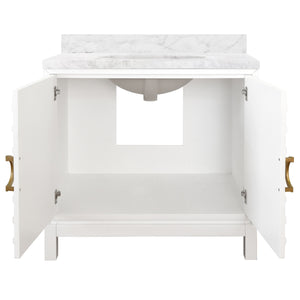 BATH VANITY IN MATTE WHITE LACQUER WITH ANTIQUE BRASS CIRCLE HARDWARE, WHITE MARBLE TOP, AND PORCELAIN SINK
