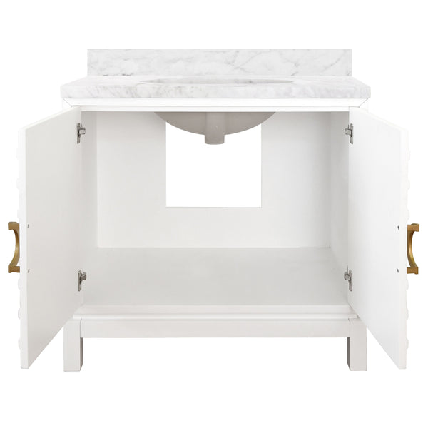 BATH VANITY IN MATTE WHITE LACQUER WITH ANTIQUE BRASS CIRCLE HARDWARE, WHITE MARBLE TOP, AND PORCELAIN SINK