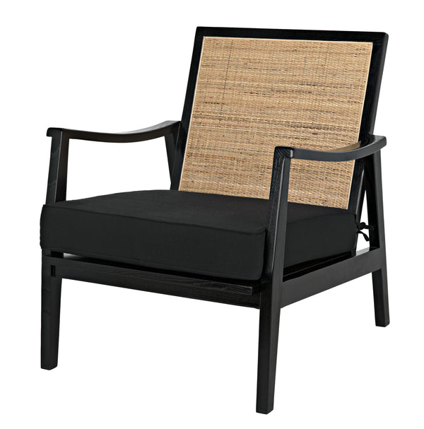 Lichtenstein Sungkai and Mindi Wood Chair with Peeled Rattan Detailing in Charcoal Black with Black Cotton Upholstery