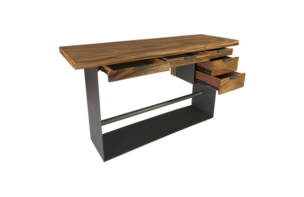 Iron Frame Standing Desk with Drawers, Chamcha Wood, Natural, Bar Height 