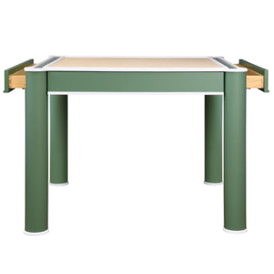 SQUARE TWO DRAWER ROUND LEG GAME TABLE IN MATTE GREEN LACQUER WITH MATTE WHITE LACQUER EDGING