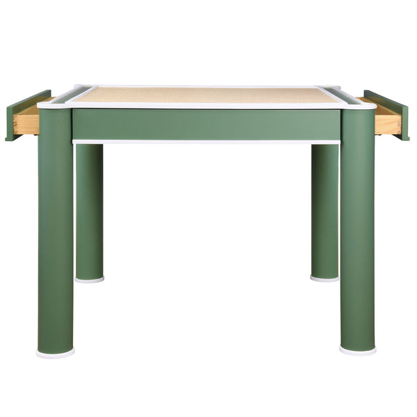 SQUARE TWO DRAWER ROUND LEG GAME TABLE IN MATTE GREEN LACQUER WITH MATTE WHITE LACQUER EDGING