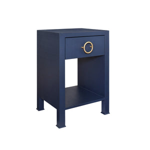 ONE DRAWER SIDE TABLE WITH ANTIQUE BRASS CIRCLE HARDWARE IN TEXTURED NAVY LINEN