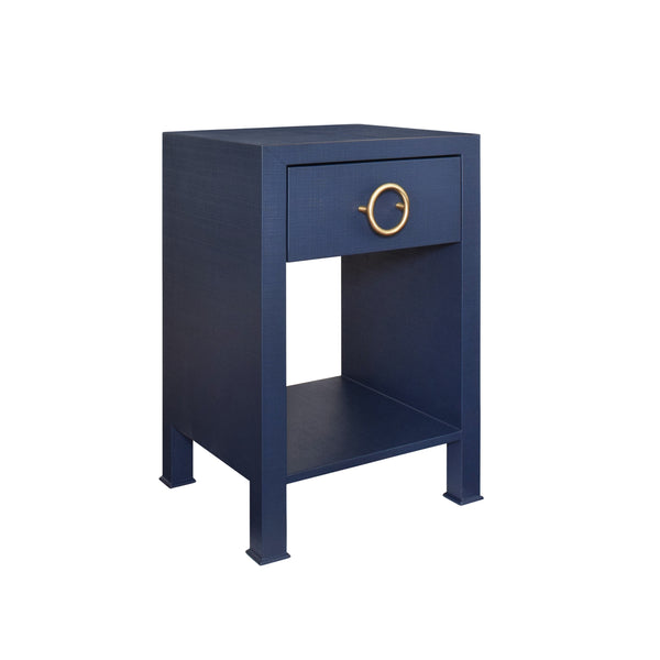 ONE DRAWER SIDE TABLE WITH ANTIQUE BRASS CIRCLE HARDWARE IN TEXTURED NAVY LINEN