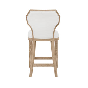 COUNTER STOOL WITH CURVED ANGLE BACK IN CERUSED OAK WITH PERFORMANCE WHITE LINEN UPHOLSTERY
