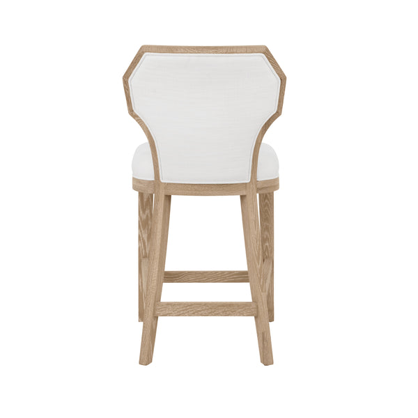 COUNTER STOOL WITH CURVED ANGLE BACK IN CERUSED OAK WITH PERFORMANCE WHITE LINEN UPHOLSTERY