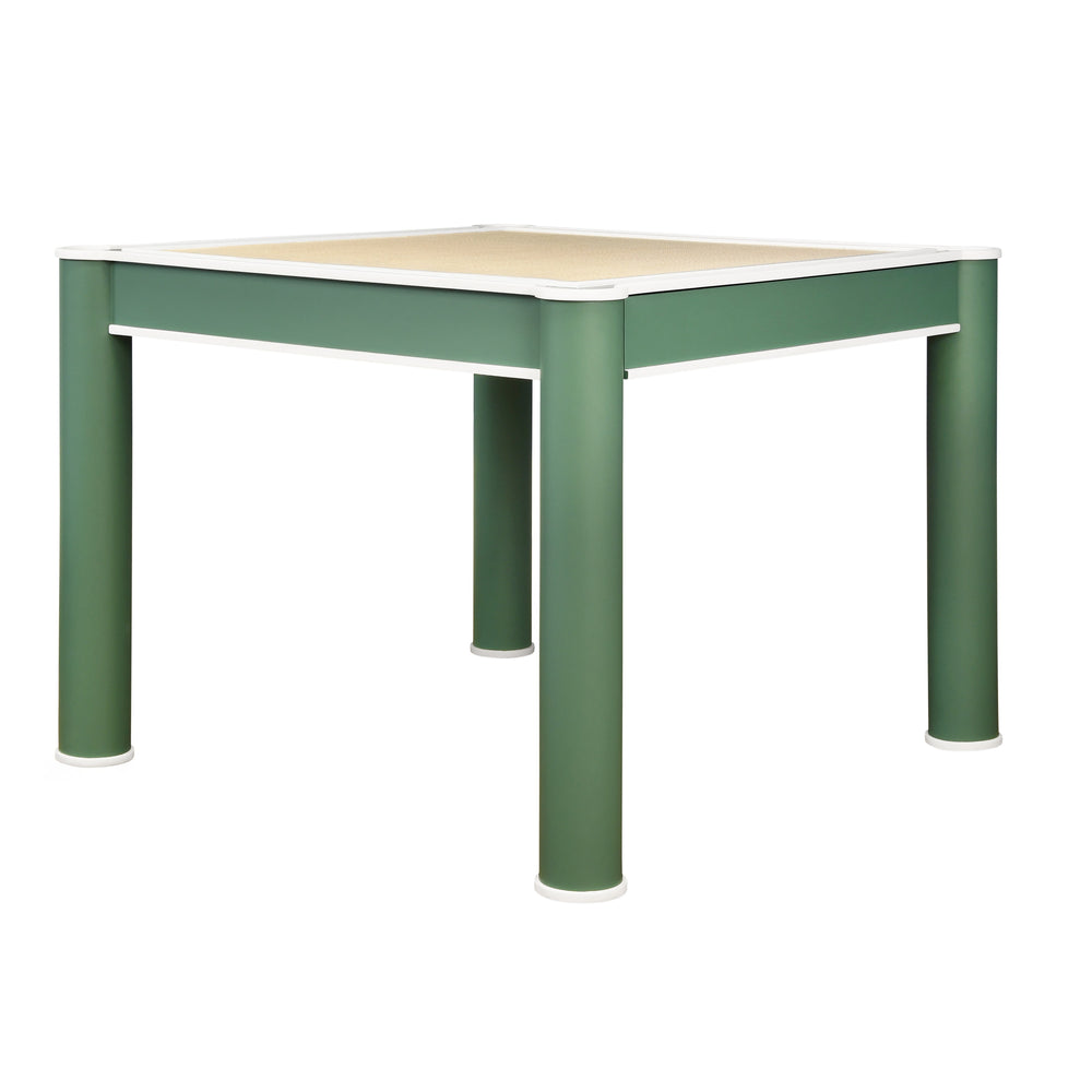 SQUARE TWO DRAWER ROUND LEG GAME TABLE IN MATTE GREEN LACQUER WITH MATTE WHITE LACQUER EDGING