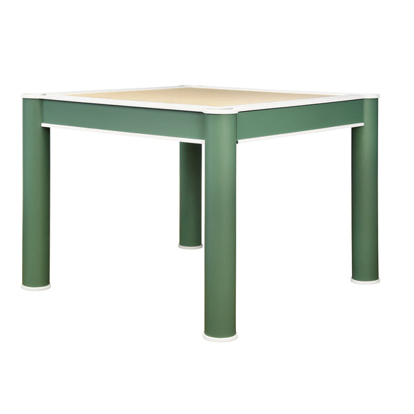 SQUARE TWO DRAWER ROUND LEG GAME TABLE IN MATTE GREEN LACQUER WITH MATTE WHITE LACQUER EDGING
