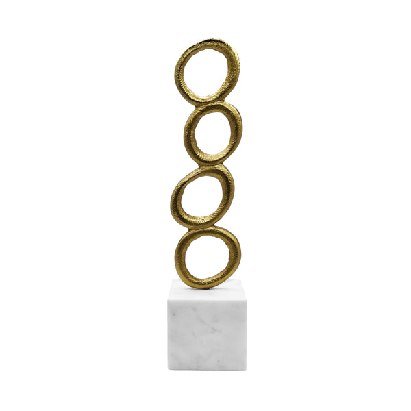STACKED CIRCLE SHAPED TEXTURED BRASS SCULPTURE WITH WHITE MARBLE BASE