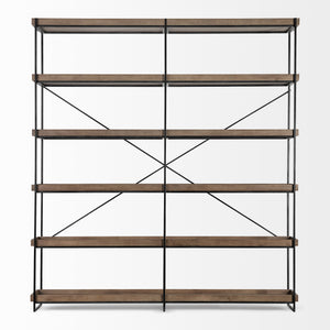 Trey IV 80L x 16W x 87.5H  Medium Brown Wood and Iron Five Tray Shelf Shelving Unit