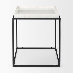 Nathan II 18" x 20" Square Top White Marble and Black Metal End/Side Table