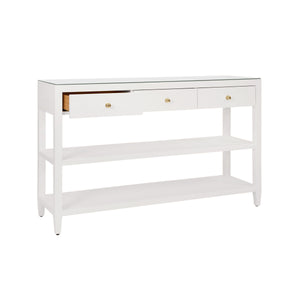 THREE DRAWER CONSOLE WITH TWO OPEN SHELVES IN WHITE TEXTURED LINEN WITH POLISHED BRASS KNOBS