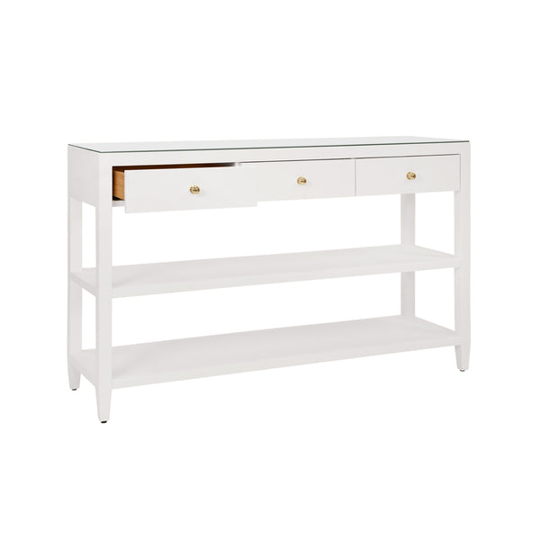 THREE DRAWER CONSOLE WITH TWO OPEN SHELVES IN WHITE TEXTURED LINEN WITH POLISHED BRASS KNOBS