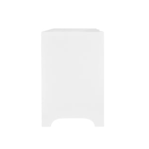 CURVED FRONT SIDE TABLE WITH TWO DRAWERS IN WHITE TEXTURED LINEN WITH SATIN BRASS RING HARDWARE
