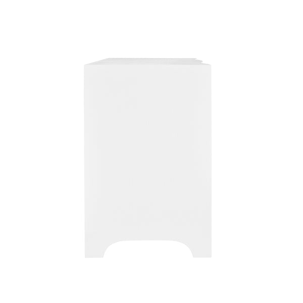 CURVED FRONT SIDE TABLE WITH TWO DRAWERS IN WHITE TEXTURED LINEN WITH SATIN BRASS RING HARDWARE