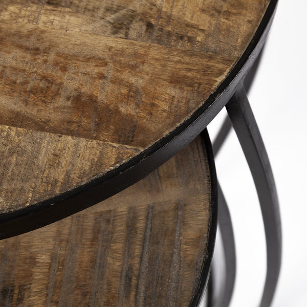 Clapp IV (Set of 2) 20L x 20W Brown Round Wood Top W/ Black Iron Frame Nesting Accent Tables