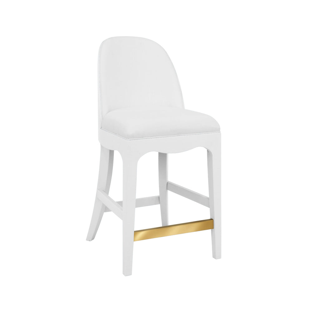 CURVED COUNTER STOOL WITH SATIN BRASS RING HARDWARE ON BACK IN PERFORMANCE WHITE LINEN UPHOLSTERY AND TEXTURED WHITE LINEN FRAME