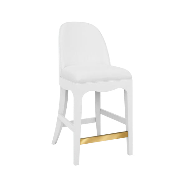 CURVED COUNTER STOOL WITH SATIN BRASS RING HARDWARE ON BACK IN PERFORMANCE WHITE LINEN UPHOLSTERY AND TEXTURED WHITE LINEN FRAME