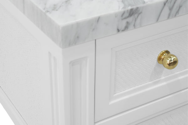 BATH VANITY WITH FLUTED LEG AND OPEN CANE SHELF