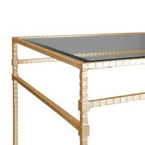 TWO TIER SQUARE TABLE WITH GLASS TOP IN HAMMERED GOLD LEAF