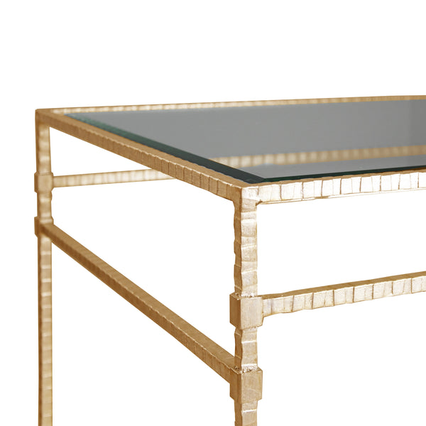 TWO TIER SQUARE TABLE WITH GLASS TOP IN HAMMERED GOLD LEAF
