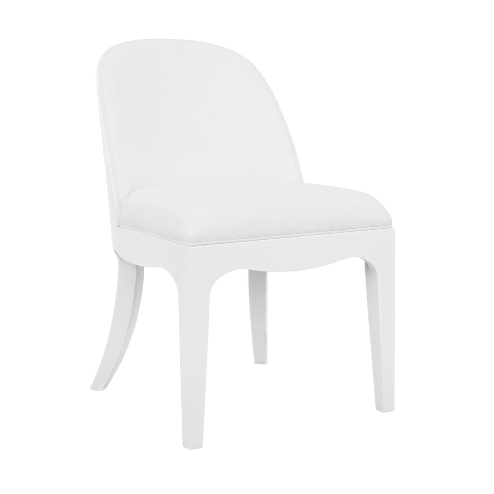 CURVED DINING CHAIR WITH SATIN BRASS RING HARDWARE ON BACK IN PERFORMANCE WHITE LINEN UPHOLSTERY AND TEXTURED WHITE LINEN FRAME
