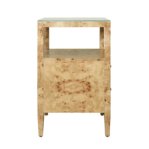 TWO DRAWER SIDE TABLE IN BURL WOOD WITH POLISHED BRASS KNOBS
