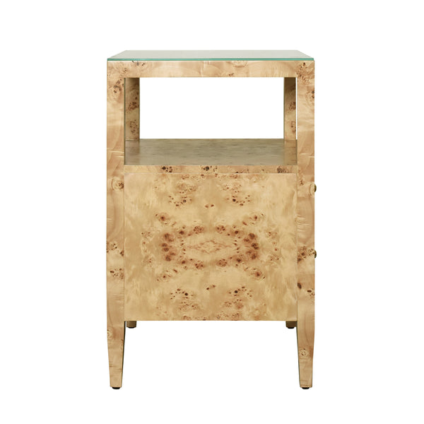 TWO DRAWER SIDE TABLE IN BURL WOOD WITH POLISHED BRASS KNOBS